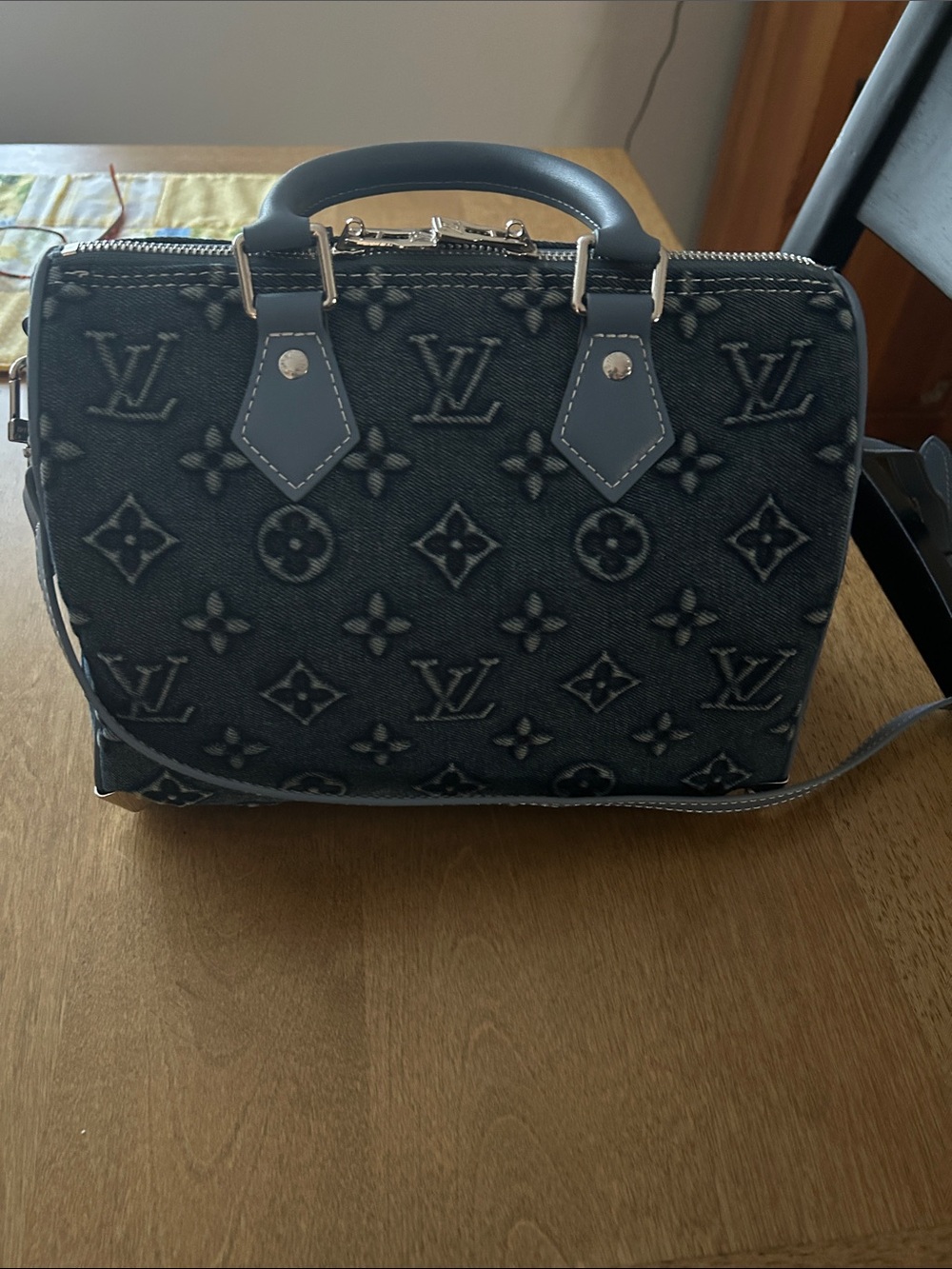 Dark Blue Denim Monogram Satchel with Shoulder Strap.  Size 25 - Picture 3 of 9